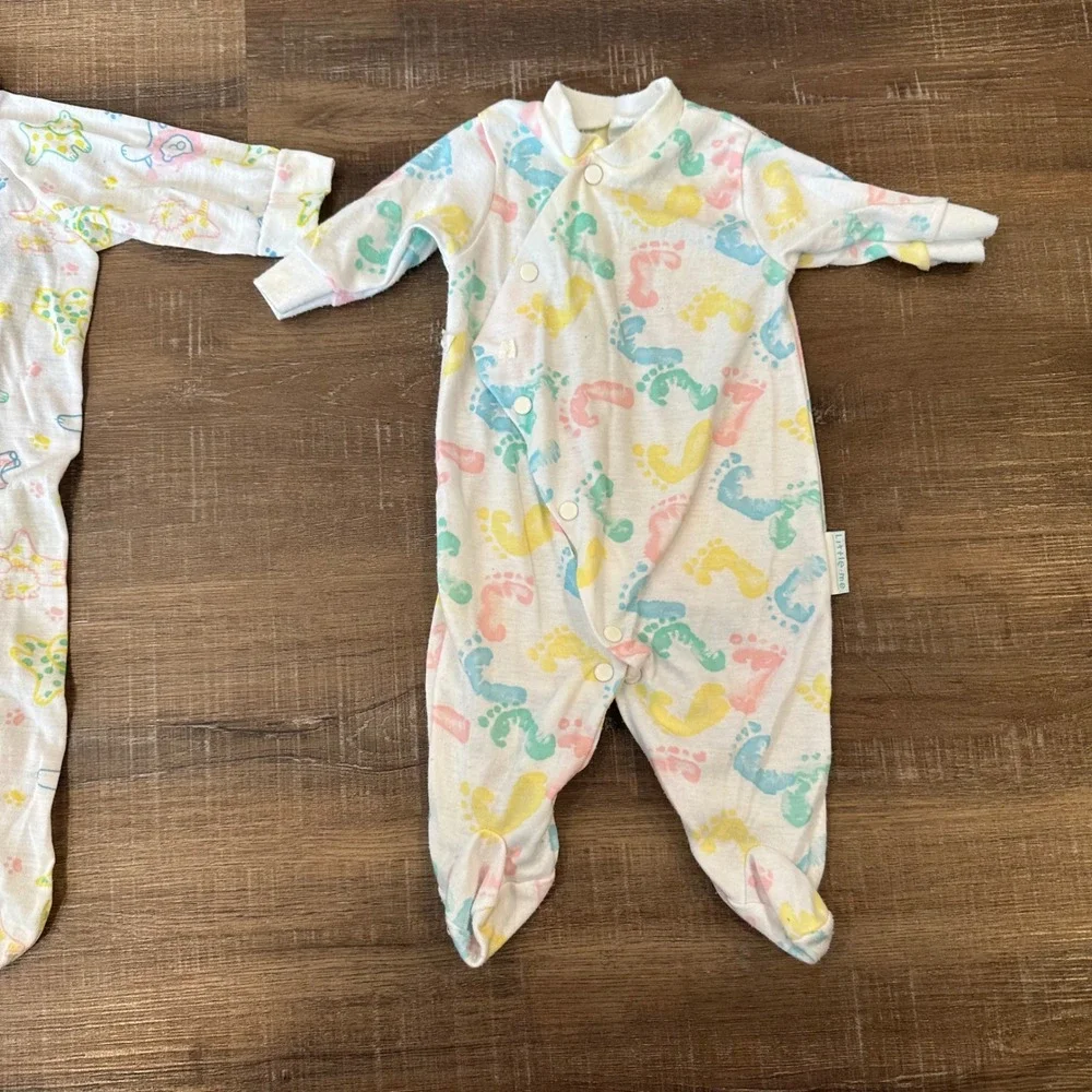 Vintage Little Me Baby Footie Sleeper Set Pastel Animal Footprint White 2PK 0-3M